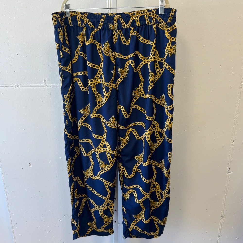 Ashley Stewart Navy Gold Chain Butterfly Print Satin Wide Leg Pants P 22/24